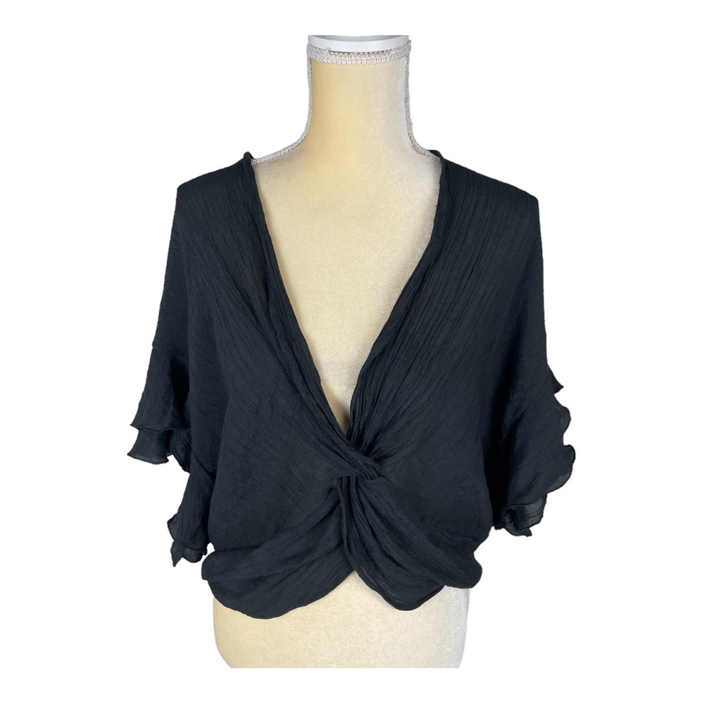 SHE & SKY black flutter sleeve woven blouse top twist front size small